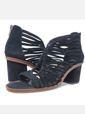 Vince Camuto Kestal Black Braided Leather Caged  Heeled Sandal